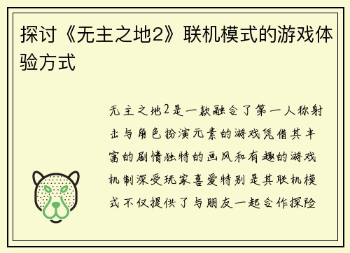 探讨《无主之地2》联机模式的游戏体验方式